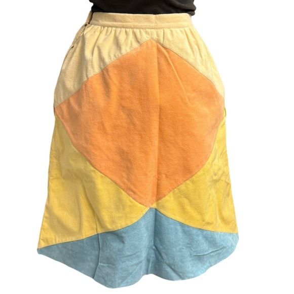 Vtg 70s Faux Suede Pastel Patchwork Boho Knee Skirt Womens Size XS Soft Romantic - Picture 1 of 6